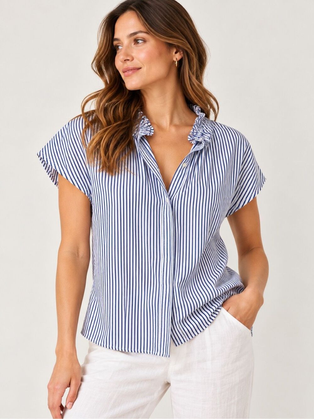 Pomander Place Blue White Striped Rae Blouse Ruffle Neck Size Medium Tuckernuck